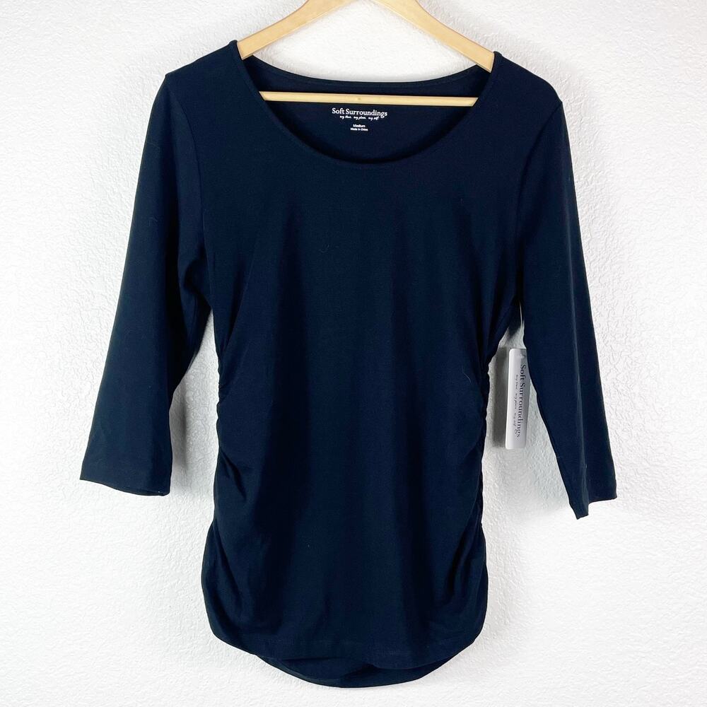 Soft Surroundings Women's Black Ruched 3/4 Shirt Top NEW w Tag Size Medium
